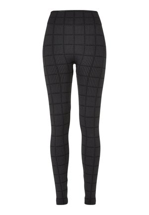 Czarne legginsy z wzorem pepitki, wykonane z elastycznego materiału. Mają wysoki pas i dopasowany krój.