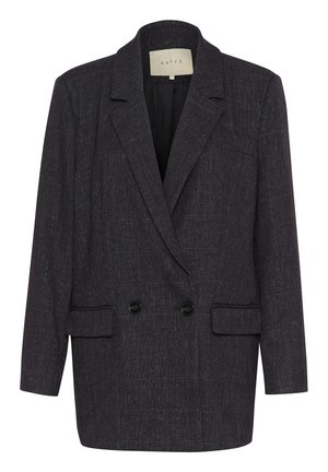 Blazer croisé en tissu texturé gris foncé, avec un col cranté, deux poches avant et des boutons noirs.