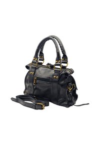 Sac à main en cuir noir avec poignées tressées, accroches en or, et une poche zippée. Sangle réglable incluse ; texture lisse avec des coutures détaillées.
