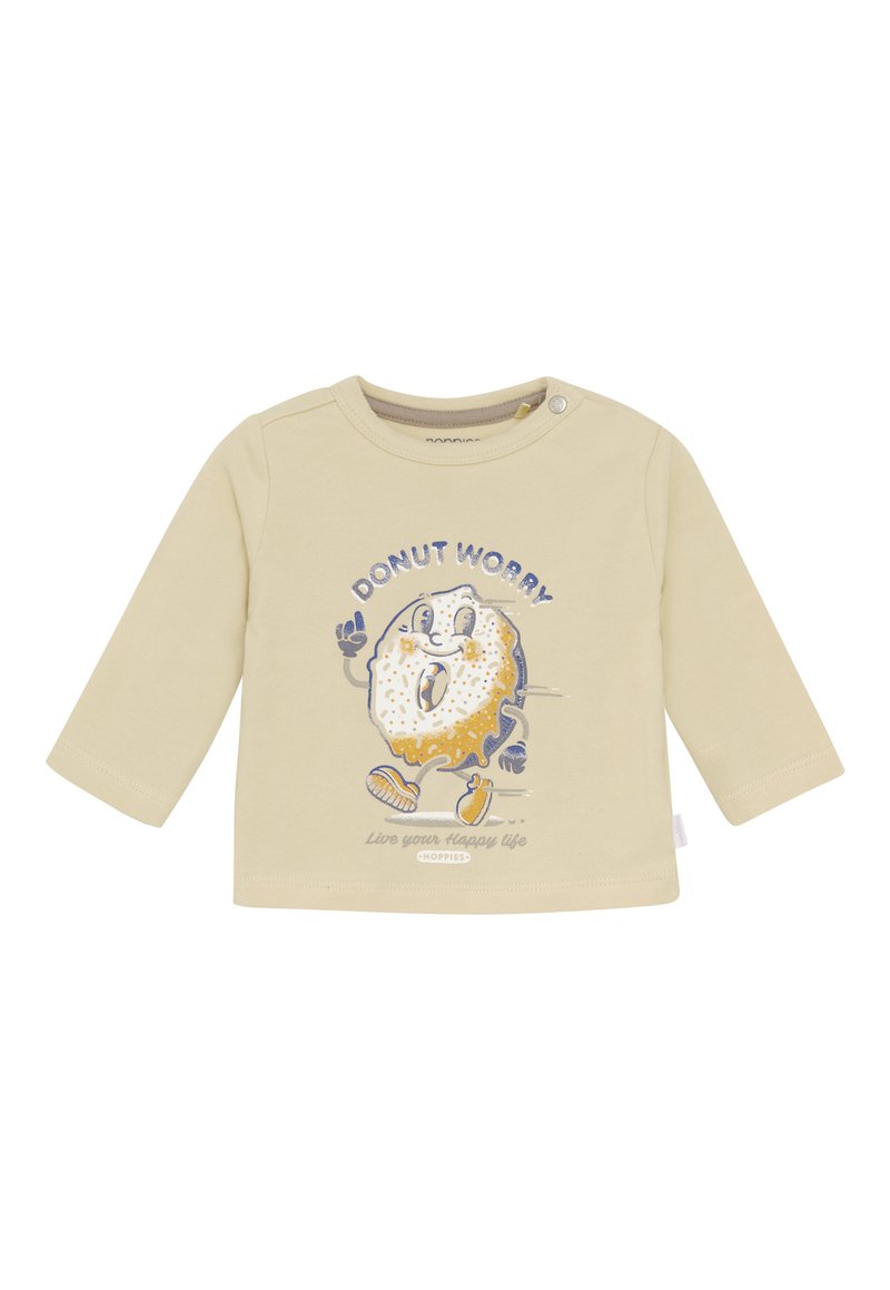 Beżowa koszula bawełniana z długim rękawem z rysunkowym donutem z uśmiechem, tekstem "DONUT WORRY" i niebieskimi akcentami. Zapięcie na napy przy ramieniu.