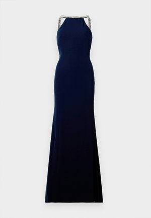 Navyblaues ärmelloses Kleid mit taillierter Silhouette, verziert mit Perlenakzenten an den Trägern und einem bodenlangen Saum.