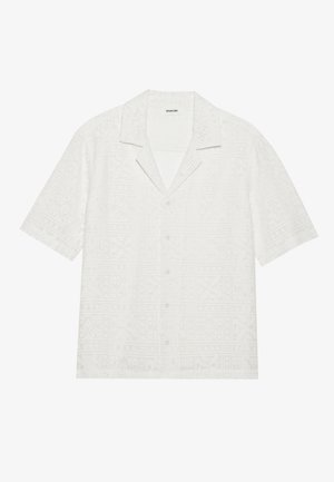 White short-sleeve shirt featuring a textured pattern, button front, and a classic collar design. Lightweight fabric with a subtle sheen.