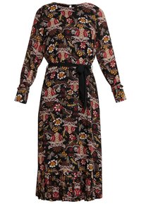 Robe noire à manches longues avec un motif floral en rouge, jaune et blanc. Présente une taille cintrée avec un lien noir et un ourlet plissé.