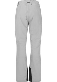 Grijze skibroek heeft een rechte pijpdesign met een zwart accent aan de onderkant en een taillebandlabel met de tekst "SLOPE." Glad stofstructuur.