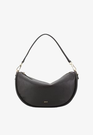 Black leather handbag with a crescent shape, a short handle, and gold hardware accents. Features a zipper closure and embossed logo.