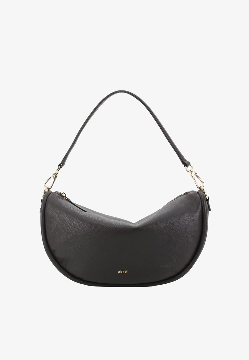 Black leather handbag with a crescent shape, a short handle, and gold hardware accents. Features a zipper closure and embossed logo.