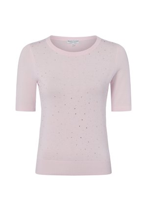 Hellrosa kurzärmeliges Strickoberteil mit rundem Ausschnitt und kleinen dekorativen glänzenden Punkten, die vorne und an den Ärmeln verteilt sind.