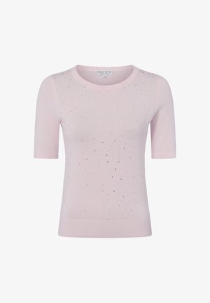 Hellrosa kurzärmeliges Strickoberteil mit rundem Ausschnitt und kleinen dekorativen glänzenden Punkten, die vorne und an den Ärmeln verteilt sind.