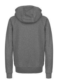 Gray hoodie with a drawstring hood, raglan sleeves, and ribbed cuffs. Made from textured fabric, featuring a plain back design.