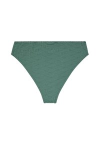 Žalias bikini kelnaitės dugnas su geometriniu raštu. Savybė – aukštas šonų iškirpimas ir lygus paviršius. Pagamintas iš tamprių medžiagų patogumui.