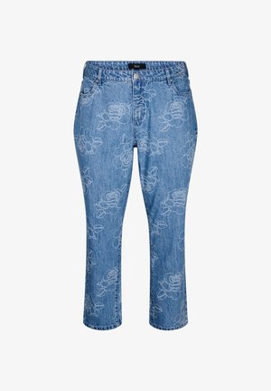 Heledad helesinine džins, mis on kaunistatud valgete lillemotiividega, keskmise kõrgusega vöökoht, viis taskut ja sirge lõige, mis ulatub pahkluuni.