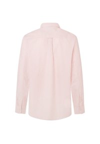 Košeľa s dlhými rukávmi v svetloružových a bielych vertikálnych pruhoch, s golierom na gombíky a manžetami, s detailom v zadnej časti v podobe záhybu.