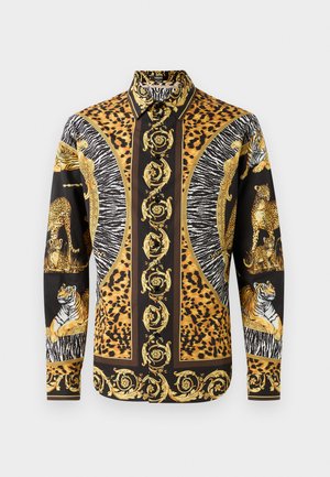 Long-sleeve shirt featuring a black and gold leopard and tiger print, with intricate baroque patterns and a classic collar design.
