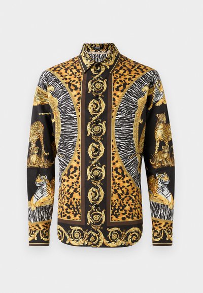 Cămașă cu mânecă lungă, având un imprimeu leopard și tigru în culori negre și aurii, cu modele baroce intricate și un design clasic al gulerului.