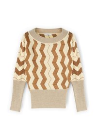 Strickpullover mit einem cremefarbenen und braunen Zickzackmuster, rundem Ausschnitt, langen Ärmeln und geripptem Saum aus weichem, strukturiertem Material.