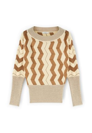 Strickpullover mit einem cremefarbenen und braunen Zickzackmuster, rundem Ausschnitt, langen Ärmeln und geripptem Saum aus weichem, strukturiertem Material.