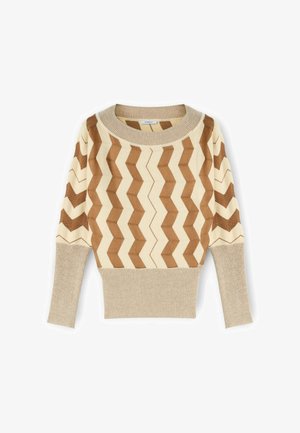 Suéter de punto con un patrón zigzagueante en crema y marrón, cuello redondo, mangas largas y dobladillo acanalado en un material suave y texturizado.