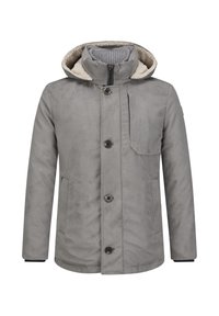 Gray jacket with a hood, featuring a soft inner lining, front buttons, side pockets, and a chest pocket. Smooth material with a matte finish.