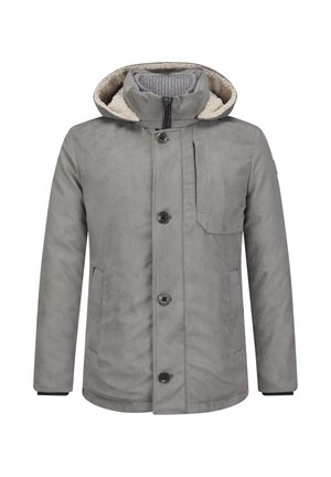 Graue Jacke mit Kapuze, ausgestattet mit einer weichen Innenauskleidung, Frontknöpfen, Seitentaschen und einer Brusttasche. Glattes Material mit mattem Finish.