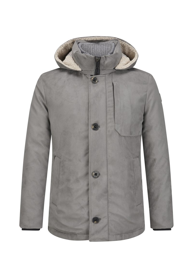 Gray jacket with a hood, featuring a soft inner lining, front buttons, side pockets, and a chest pocket. Smooth material with a matte finish.