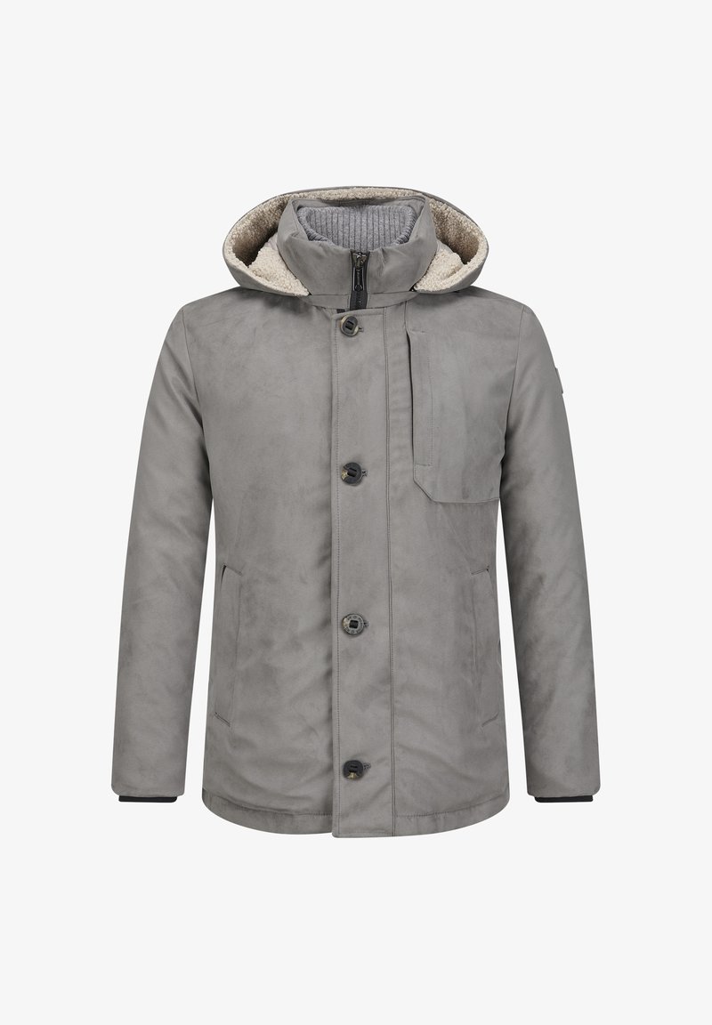 Gray jacket with a hood, featuring a soft inner lining, front buttons, side pockets, and a chest pocket. Smooth material with a matte finish.