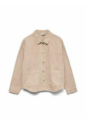 Veste beige boutonnée avec col, manches longues, deux poches plaquées à l'avant et coutures visibles sur un fond uni.