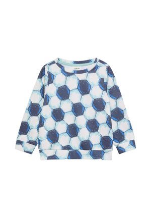 Kindershirt met lange mouwen met een blauw-wit hexagonaal patroon dat lijkt op een voetbalontwerp op een witte achtergrond.