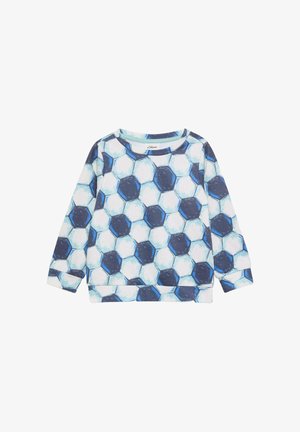 Langärmeliges Kinderhemd mit blau-weißem hexagonalem Muster, das einem Fußball-Design auf weißem Hintergrund ähnelt.