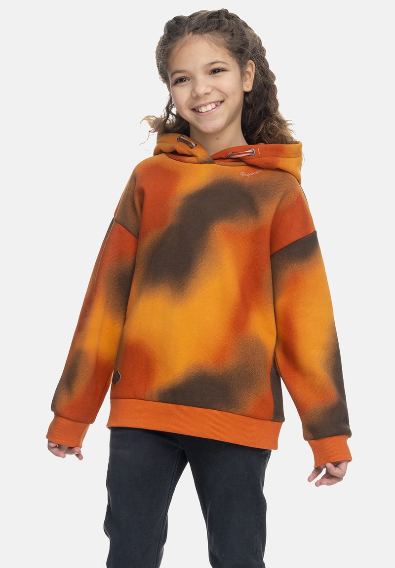 Orange och brun tie-dye hoodie med en känguruficka, justerbar dragsko på huven och ribbade muddar. Mjuk tyg med kraftiga färgkontraster.