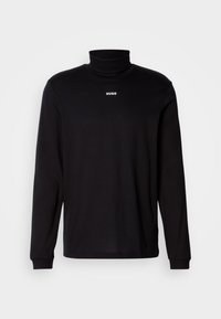 Svart langermet turtleneck skjorte laget av glatt stoff, med en hvit "HUGO"-logo på brystet, og med tettsittende mansjetter og kant.