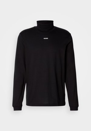 Cămașă neagră cu mânecă lungă, guler înalt, fabricată dintr-un material neted, având un logo alb "HUGO" pe piept, cu manșete și tiv ajustate.
