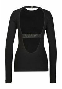 Schwarzes langärmeliges Oberteil mit geripptem Material, offenes Rückendesign und "REPLAY"-Logo auf dem Rücken, das einen modernen Schnitt und Stil betont.