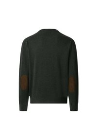 Maglione verde scuro con scollatura tonda, maniche lunghe e toppe in suede marrone sui gomiti. Tessuto liscio con polsini e orlo a coste.