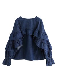 Denim top med en flæset design med tre lag langs ærmerne og en rund halsudskæring. Mørkeblå farve med elastiske manchetter.