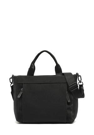 Sac fourre-tout noir en nylon avec doubles poignées supérieures, bandoulière réglable, poche zippée à l'avant et finition lisse.