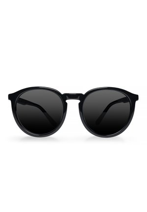Black round sunglasses with dark lenses, thick plastic frame, and curved temples. Smooth texture with no visible patterns or accents.