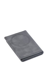 Gray leather wallet with a smooth texture, featuring a circular design detail, slim profile, and a folded closure.