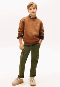 Brązowa bluza z prążkowanym kołnierzem, narzucona na niebieską koszulę w kratę. Oliwkowozielone spodnie typu cargo z bocznymi kieszeniami, w połączeniu z beżowymi trampkami.