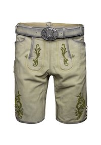 Pantaloni shorts in pelle con intricate ricamo verde, fibbia in argento e dettagli con bottoni. Colore beige chiaro con una texture morbida.