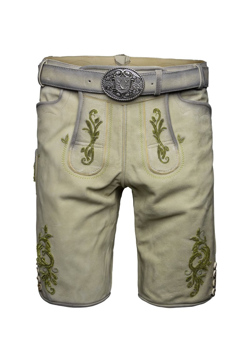 Pantaloni shorts in pelle con intricate ricamo verde, fibbia in argento e dettagli con bottoni. Colore beige chiaro con una texture morbida.
