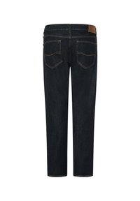 Jeans in denim scuro con taglio dritto, caratterizzati da due tasche posteriori con cuciture chiare e un'etichetta in pelle marrone in vita.