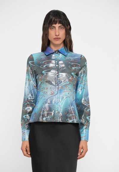 Long-sleeve shirt with a multicolored swirl pattern in blue, gray, and brown, collared design, and button closure down the front.