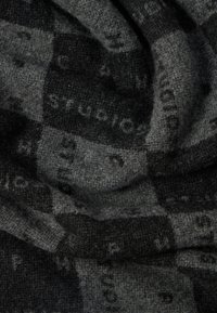 Sciarpa in misto lana con motivo a quadri in nero e grigio e sottili motivi testuali. Texture morbida con finitura liscia.