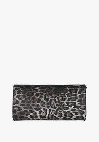 Portafoglio con stampa leopardata dalla texture liscia, forma rettangolare, colori predominanti nero e marrone, con chiusura a zip sulla parte superiore.