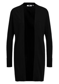 Svart, lång kofta i mjukt material. Har öppen front, ribbade mudd- och avslutningar, samt en avslappnad passform. Ingen stängning eller mönster.