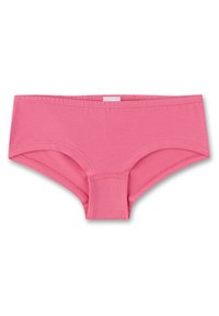 Rosa Baumwollslip mit glatter Textur, mittelhohem Design und breitem Bund. Verfügt über verstärkte Nähte und ein dezentes Etikett auf der Rückseite.