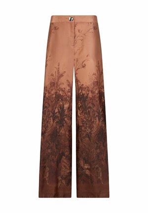 Pantalon marron à jambes larges avec un imprimé botanique et faunique plus foncé dégradé depuis l'ourlet, doté d'une fermeture à bouton à la taille.