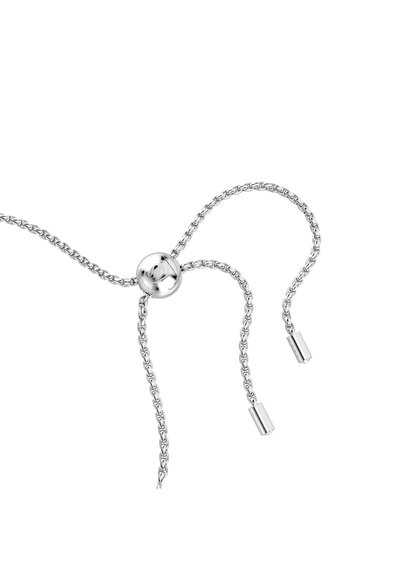 Chaîne coulissante ajustable en argent avec une perle ronde polie et deux extrémités de chaîne avec des capuchons cylindriques sur fond blanc.