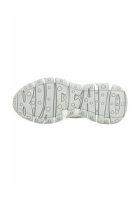 Semelle d'une chaussure de sport gris clair avec un design texturé et des motifs circulaires en relief formant le mot « KIDSALO » sur le dessous.