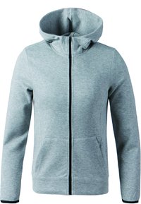 Ljusgrå zip-up hoodie med en mjuk textur, kängurufickor och hög krage, med en kontrasterande mörk dragkedja och muddar.